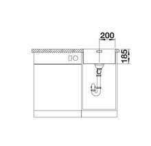 Technische tekening van een gootsteen met afmetingen