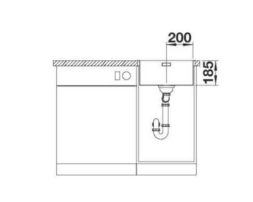 Technische tekening van een gootsteen met afmetingen