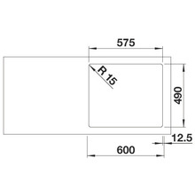 Technische tekening van een spoelbak met maataanduidingen