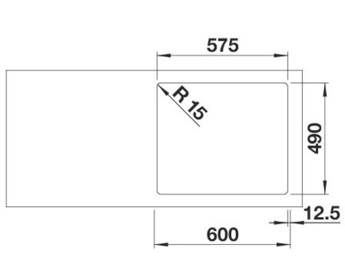 Technische tekening van een spoelbak met maataanduidingen