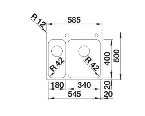 Tekening van een gootsteen met afmetingen