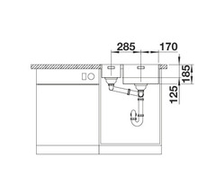 Technische tekening van een spoelbak met afmetingen voor keukenplanning