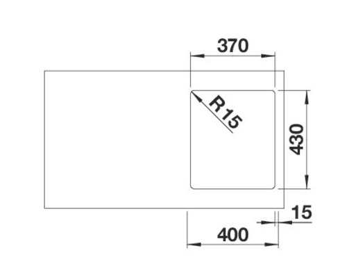 Technische tekening van een spoelbak met maatvoering