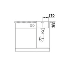 Technische tekening van een spoelbak met afmetingen.