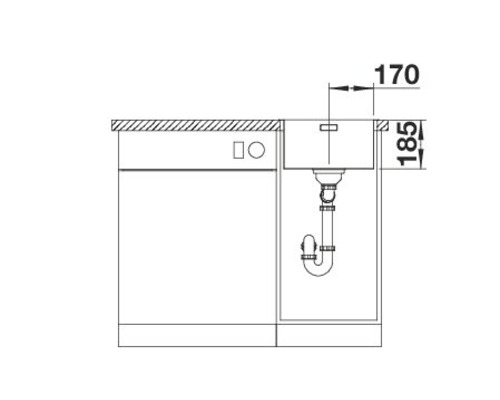 Technische tekening van een spoelbak met afmetingen.