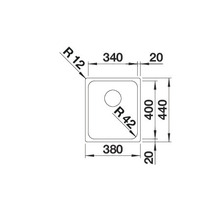 Technische tekening van een spoelbak met afmetingen