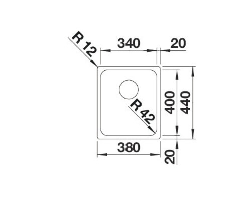 Technische tekening van een spoelbak met afmetingen