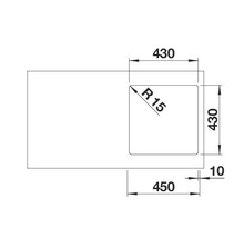 Tekening van een spoelbak met afmetingen