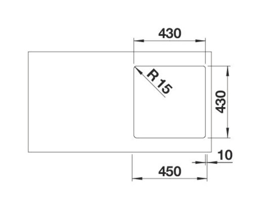 Tekening van een spoelbak met afmetingen