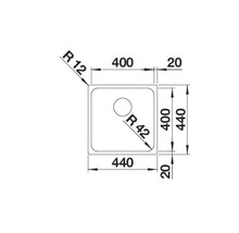Technische tekening van een spoelbak met afmetingen