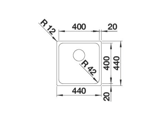 Technische tekening van een spoelbak met afmetingen