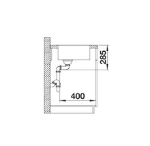 Technische tekening van een spoelbak met afmetingen 285 en 400
