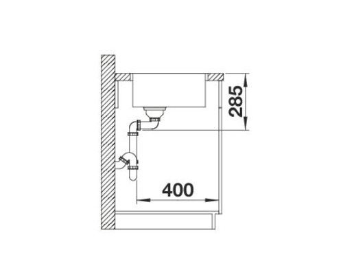 Technische tekening van een spoelbak met afmetingen 285 en 400