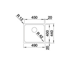 Technische tekening van een spoelbak met afmetingen