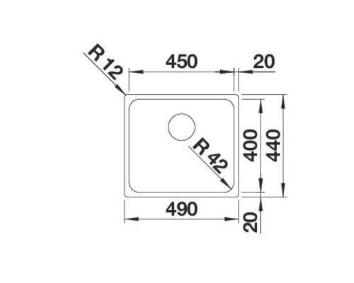 Technische tekening van een spoelbak met afmetingen