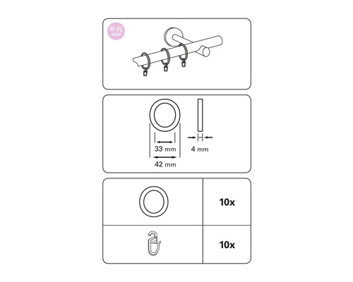 Technische tekening: gordijnringen met afmetingen en aantal
