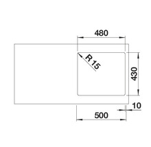 Technische tekening van een spoelbak met de afmetingen 480, 430 en 500 millimeter