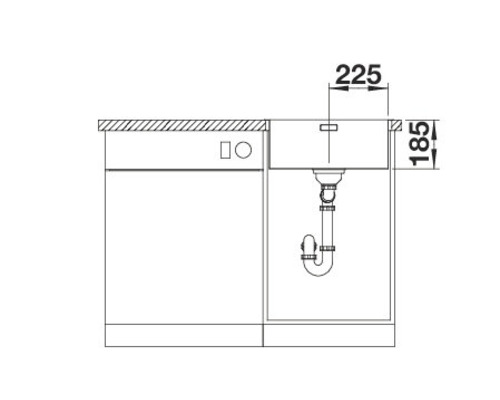 Schema van een gootsteen met onderkast en de afmetingen 225 en 185.