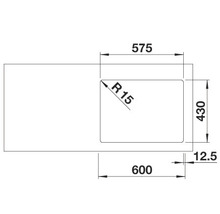 Technische tekening van een spoelbak met de afmetingen 575, 430, 12,5 en 600 millimeter.