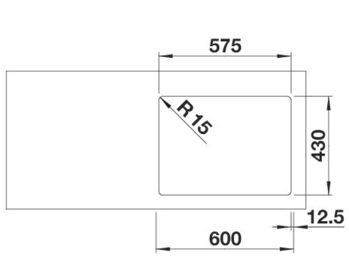 Technische tekening van een spoelbak met de afmetingen 575, 430, 12,5 en 600 millimeter.