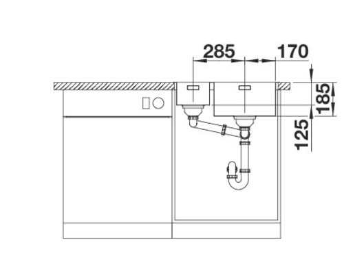 Schets van een spoelbak met maataanduidingen voor de installatie