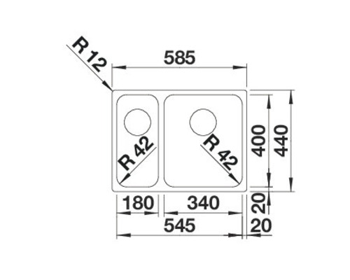 Tekening van een spoelbak met afmetingen.