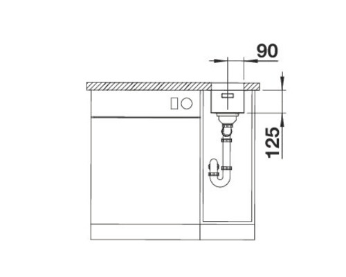 Tekening van een spoelbakonderkast met maatvoering.