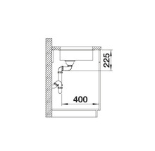 Schets van een spoelbak met afmetingen voor installatie