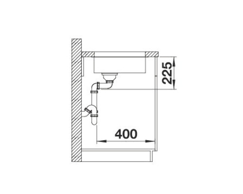 Schets van een spoelbak met afmetingen voor installatie
