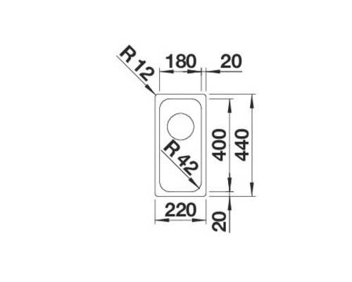 Schets van een spoelbak met afmetingen van 440 x 220 millimeter.