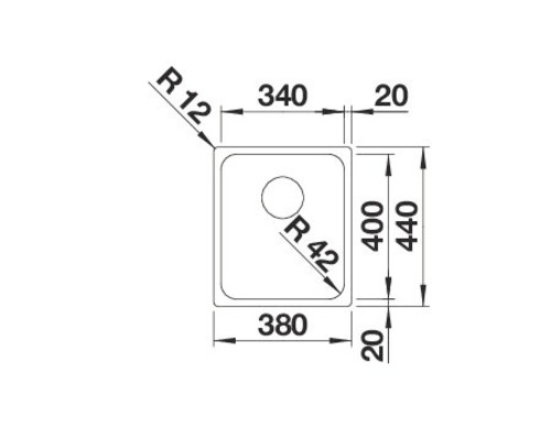 Tekening van een spoelbak met afmetingen