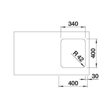 Technische tekening van een spoelbak met afmetingen