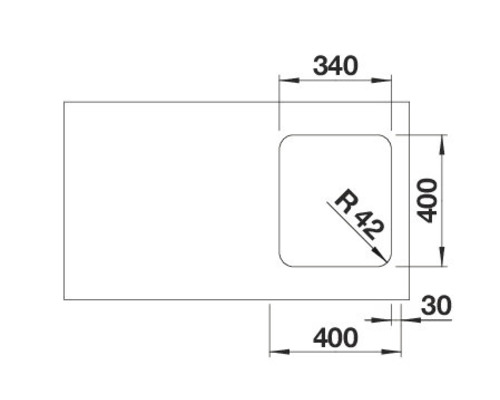 Technische tekening van een spoelbak met afmetingen