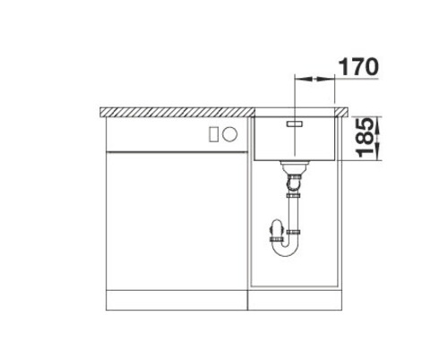 Schets van een gootsteen met onderkast en maatvoering