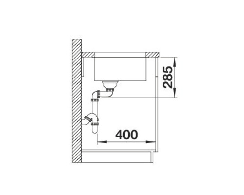 Schematische tekening van een wastafel met de afmetingen 285 x 400 mm