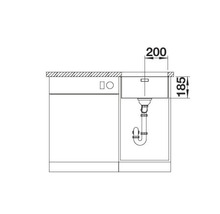 Schets van een gootsteen met afmetingen