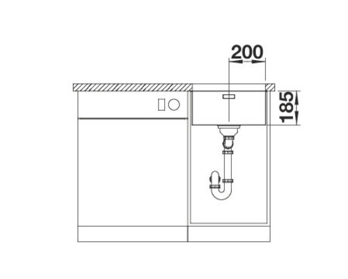 Schets van een gootsteen met afmetingen