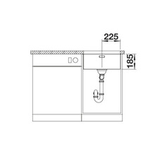 Schets van een spoelbak met de afmetingen 225 en 185.