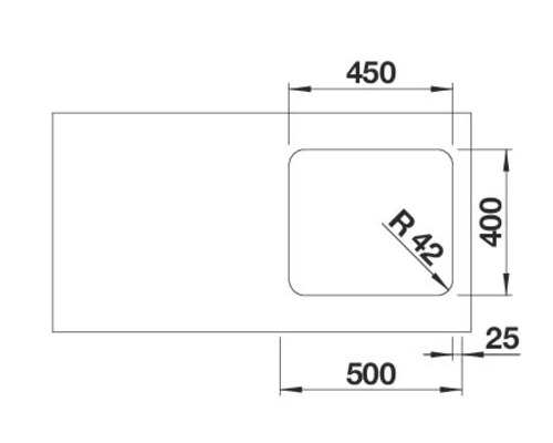 Technische tekening van een wastafelblad met afmetingen