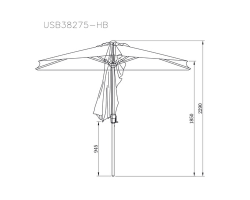 Technische tekening van een parasol met hoogtegegevens