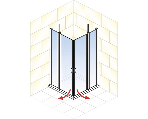 Hoekdouche met twee rode pijlen die de richting van de waterafvoer aangeven