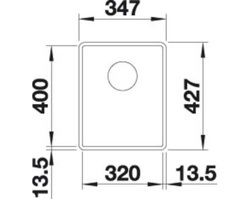 Tekening van een spoelbak met afmetingen