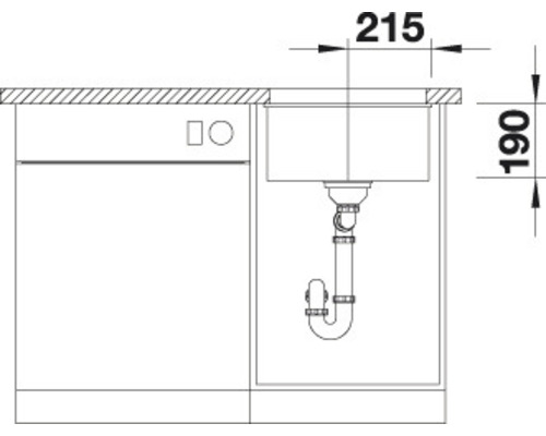 Technische tekening van een spoelbak met vaatwasser en afmetingen