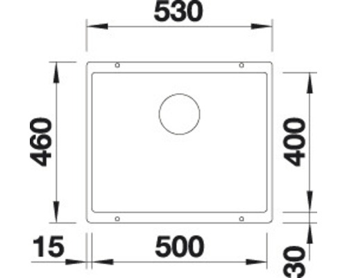 Technische tekening van een spoelbak met de afmetingen 530, 500, 460, 400, 30 en 15