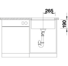 Tekening van een gootsteen met afmetingen van 265 bij 190 millimeter