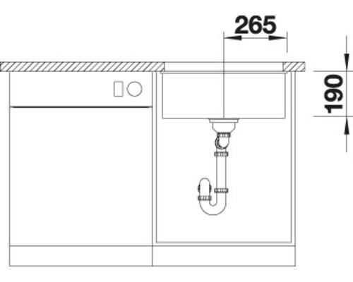 Schema van een gootsteen met de afmetingen 265 bij 190 millimeter.