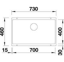 Technische tekening van een spoelbak met afmetingen van 730 x 460 millimeter