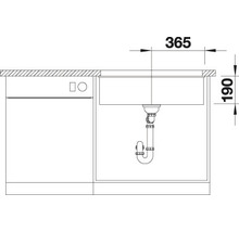 Technische tekening van een spoelbak met afmetingen 365 en 190