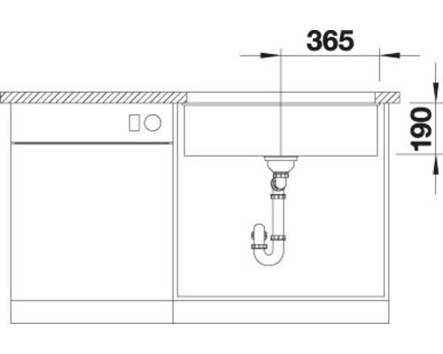 Technische tekening van een spoelbak met afmetingen 365 en 190