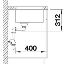 Technische tekening van een spoelbak met de afmetingen 312 en 400.